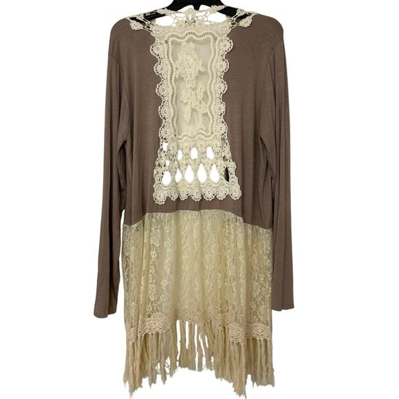 Umgee Tops - UMGEE Cotton Blend Sheer Lace Crochet Fringe Open Front Top Bohemian Large
